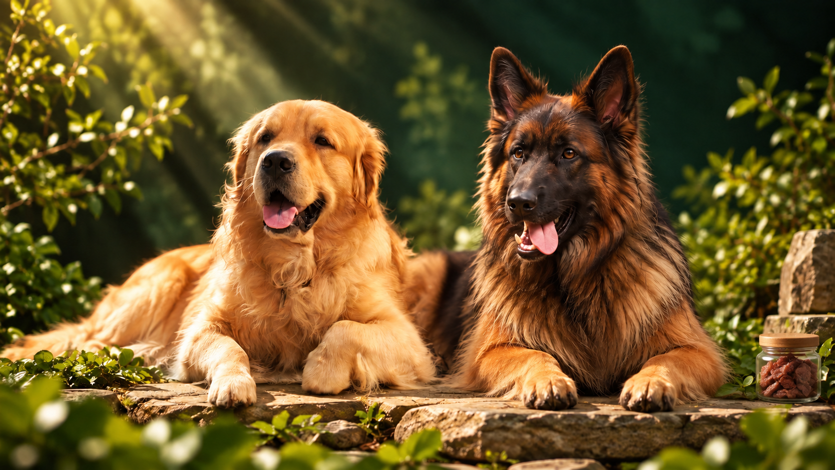 Golden retriever and German shepherd with premium chicken treats